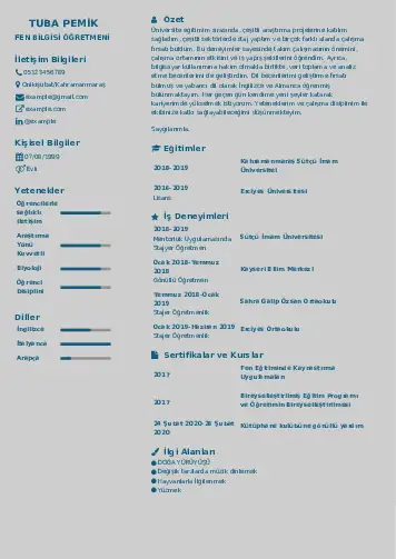 Fen Bilgisi Öğretmeni CV Örnekleri cv indir